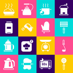 Poster - Set Spatula, Kitchen ladle, Barbecue steel grid, Cooking pot, Electric mixer, Jam jar, Bowl of hot soup and Oven glove icon. Vector