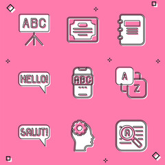 Sticker - Set Chalkboard, Certificate template, Notebook, Hello in different languages, Foreign online study, Vocabulary, Salut and Head with gear inside icon. Vector