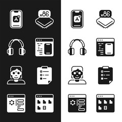 Poster - set software, headphones, mobile apps, processor with microcircuits cpu, hacker coder, clipboard che