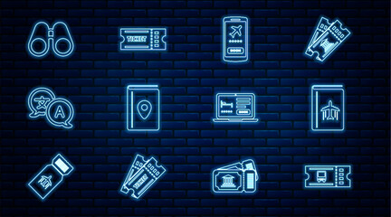 Poster - set line bus ticket, cover book travel guide, mobile with, translator, binoculars, online hotel book