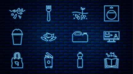 Wall Mural - Set line Open book, Stop plastic pollution, Problem of planet, Fish care, Paper glass water, Canister for machine oil and Disposable fork icon. Vector