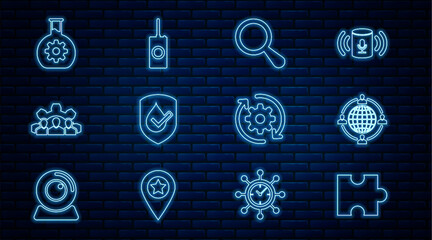 Poster - set line piece of puzzle, outsourcing concept, magnifying glass, waterproof, project team base, bioe