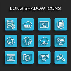 Fototapete - Set line Browser with exclamation mark, shield, Server security lock, Password protection, Magnifying glass and gear, Globe of the Earth, Monitor password and Network cloud connection icon. Vector