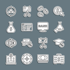 Sticker - Set line Briefcase and money, Graduation cap coin, Money hand, Coin with dollar, Online banking, bag, Gold bars and Bank building icon. Vector