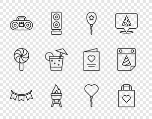 Sticker - Set line Carnival garland with flags, Shopping bag heart, Balloon ribbon, Barbecue grill, Home stereo two speakers, Cocktail, Balloons form of and Calendar party icon. Vector