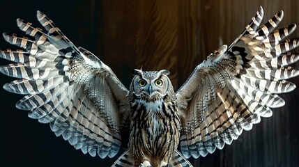 Canvas Print -   An owl stretches its wings in front of a wood-paneled wall, bathed in soft light