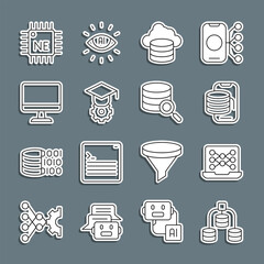 Poster - Set line Server, Data, Neural network, Cloud technology data transfer, database, Graduation cap, Computer monitor, Processor CPU and icon. Vector