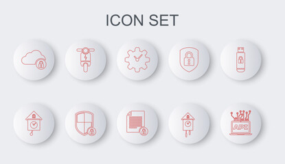 Fototapete - Set line Computer api interface, Retro wall watch, Time Management, Cloud computing lock, Electric scooter, Shield security with and Document and icon. Vector