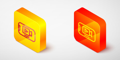 Poster - isometric line online play video icon isolated on grey background. smartphone and film strip with pl