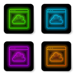 Fototapete - Glowing neon line Cloud technology data transfer and storage icon isolated on white background. Black square button. Vector