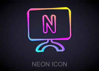 Poster - Glowing neon line Smart Tv icon isolated on black background. Television sign. Vector
