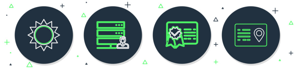 Poster - Set line Customer care server, Certificate template, Sun and Address book icon. Vector