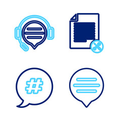 Poster - Set line Speech bubble chat, Hashtag speech, File document service and Headphones with icon. Vector