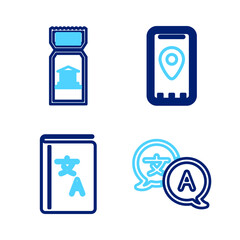 Poster - Set line Translator, book, Infographic of city map and Museum ticket icon. Vector