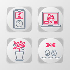 Poster - set line smart farm with drone, plant in pot, laptop application for smart and farming technology ic