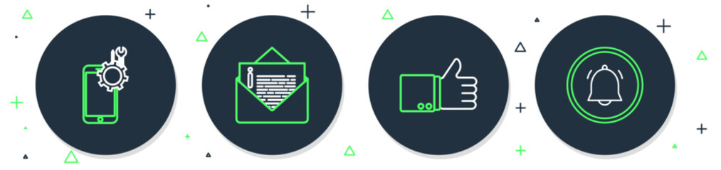 Poster - Set line Envelope, Hand thumb up, Mobile service and Button chat notification icon. Vector