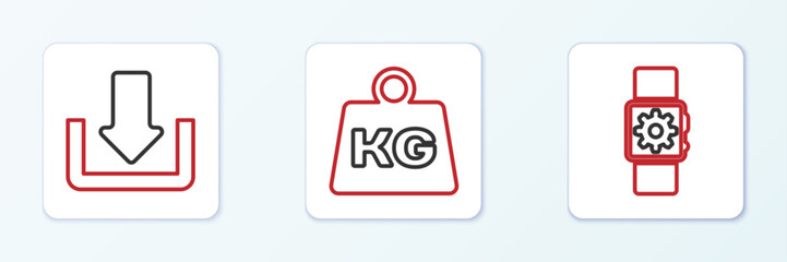 Poster - Set line Smartwatch setting, Download and Weight icon. Vector
