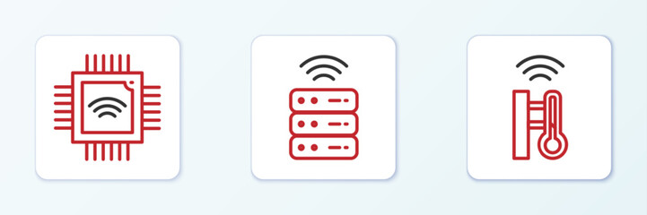 Poster - Set line Smart thermometer, Processor with microcircuits CPU and server icon. Vector