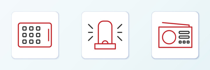 Sticker - Set line Radio, Graphic tablet and Flasher siren icon. Vector