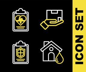 Poster - Set line Delivery insurance, House flood, Document with shield and Health icon. Vector