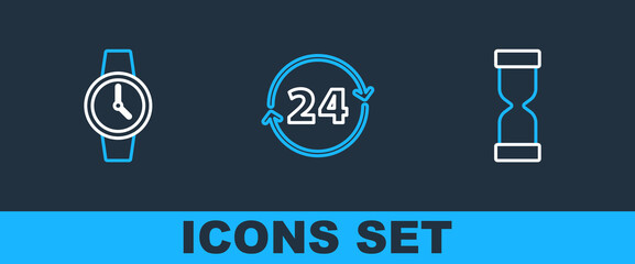 Poster - set line old hourglass, wrist watch and clock 24 hours icon. vector