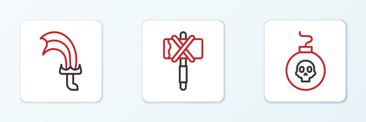 Poster - Set line Bomb ready to explode, Sword for game and Medieval axe icon. Vector
