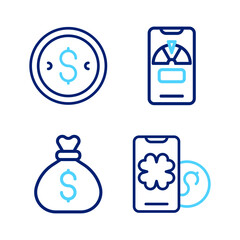 Poster - Set line Online poker table game, Money bag, Lucky wheel phone and Coin money with dollar icon. Vector