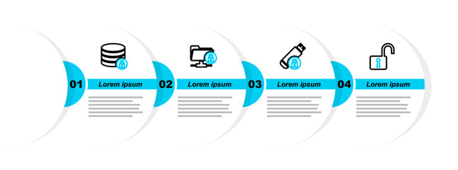 Poster - set line open padlock, usb flash drive with, ftp folder and and server security icon. vector