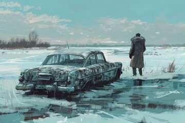 Wall Mural - the car of the years 1940 in winter on the river
