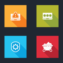 Poster - Set Laptop with exclamation mark, password, Shield settings gear and Coal mine trolley icon. Vector