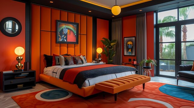 A modern art deco luxury bedroom with geometric patterns, mirrored surfaces, and bold color accents, channeling the glamour of 1920s design