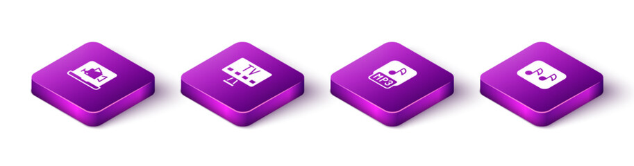 Poster - set isometric online play video, smart tv, mp3 file and music note, tone icon. vector