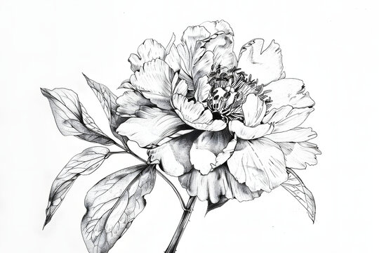 Black-and-White Line, Drawing of a Peony Flower. Beautiful Hand Drawn Rose Isolated on a White Background.