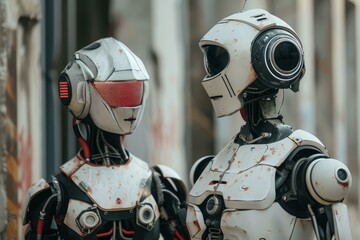 Poster - Two weathered robots with humanoid features in a close discussion