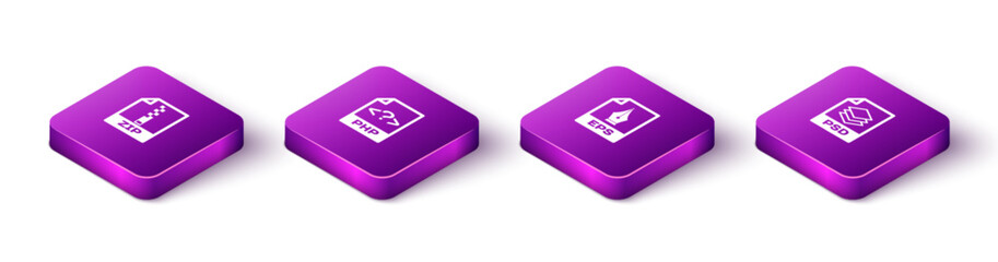 Poster - set isometric zip file document, php, eps and psd icon. vector