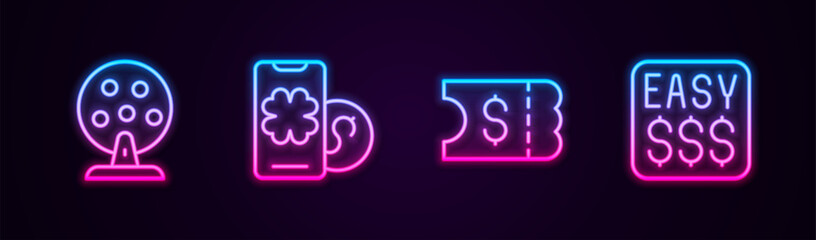 Poster - Set line Lottery machine, Online poker table game, ticket and Money prize casino. Glowing neon icon. Vector