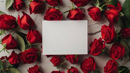 Canvas Print - A white rectangular blank paper is surrounded in the style of red roses