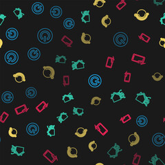 Poster - set line power button, smart home, thermostat and mobile charging battery on seamless pattern. vecto