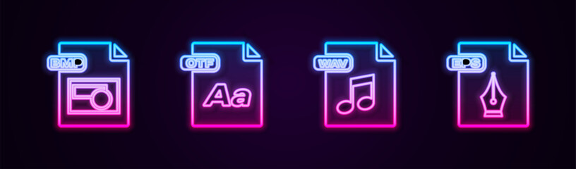 Poster - Set line BMP file document, OTF, WAV and EPS. Glowing neon icon. Vector