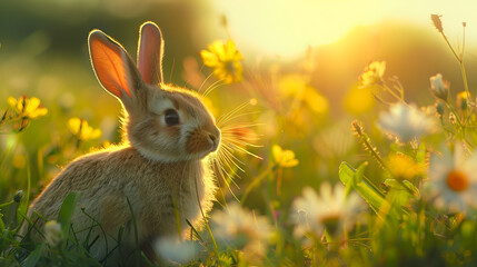 Wall Mural - Rabbit on the meadow Cute fluffy little rabbit on a meadow grass field in the morning, happy bunny running in green garden with sunlight background, symbol of Easter festival day. Generative Ai 
