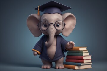 Wall Mural - A cartoon ziraffe embodying education and achievement, sits on a stack of books, dressed in a graduation cap and glasses, holding a book in its graduation outfit.