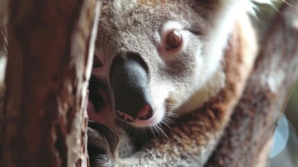 Wall Mural -   A close-up image of a koala on a tree with its head dangling over the edge of its branch
