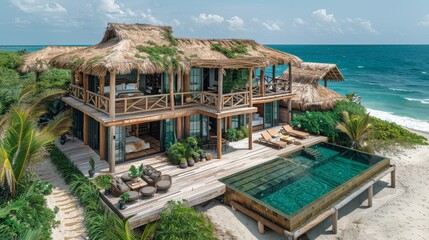 Wall Mural - An aerial view of the beachfront villa, showcasing its expansive deck with an infinity pool and thatched roof. The photo captures all four bedroom bungalow's front facade