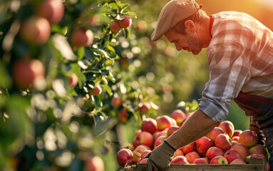 Wall Mural - Farmer harvesting fresh organic red apples in the garden on a sunny day. Freshly picked fruits.