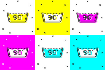 Sticker - Set Washing under 90 degrees celsius icon isolated on color background. Temperature wash. Vector