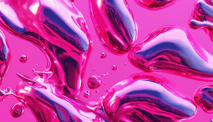 Wall Mural - Y2K Melty pink chrome shapes isolated. Spilled liquid metal drops. Futuristic metallic puddles