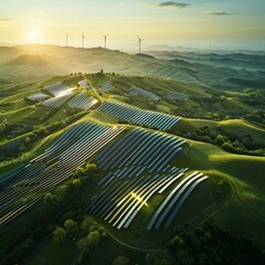 a large field of solar panels is shown in the image. the panels are arranged in rows and are spread 