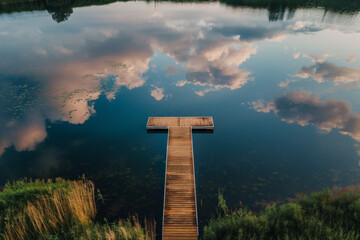 Wall Mural - Aerial view of a single dock extending into a still lake, with reflections of the sky and surrounding landscape. Emphasize the tranquility and simplicity of the scene. 