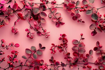 Wall Mural - elegant branches with red berries and leaves arranged on a vibrant pink backdrop