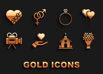 Sticker - Set Heart on hand, Balloons in form of heart with ribbon, Bouquet flowers, Church building, Cinema camera, Diamond engagement ring, Candy shaped box bow and Gender icon. Vector